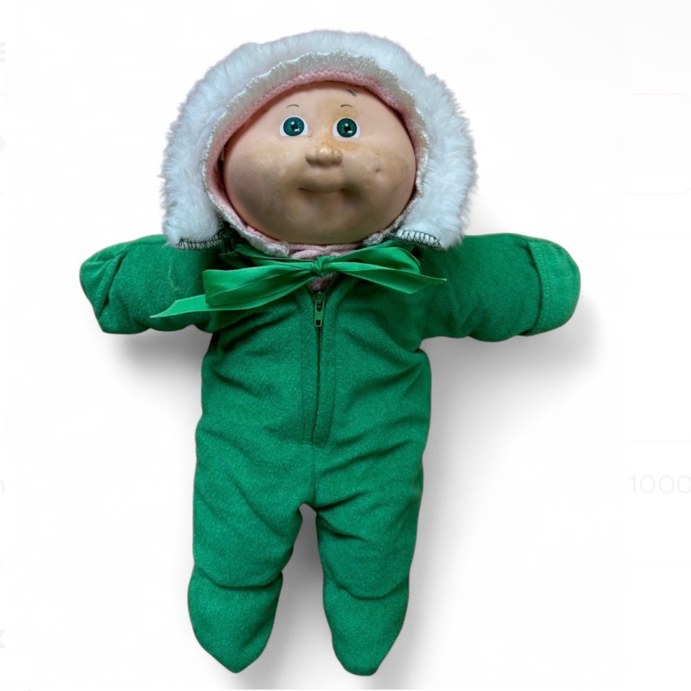 Vintage 2002 Cabbage Patch Kids Doll Green Winter Snowsuit Pink Knit Hood